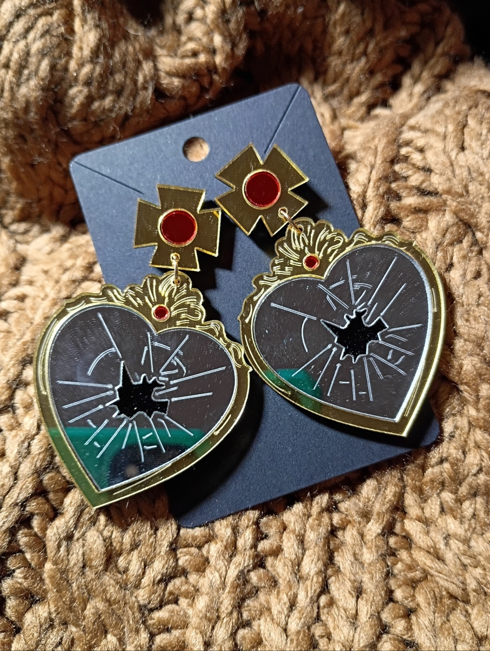 Royal Gold Heart Broken Mirror Fairytale Snow White Bad Luck Earrings Acrylic